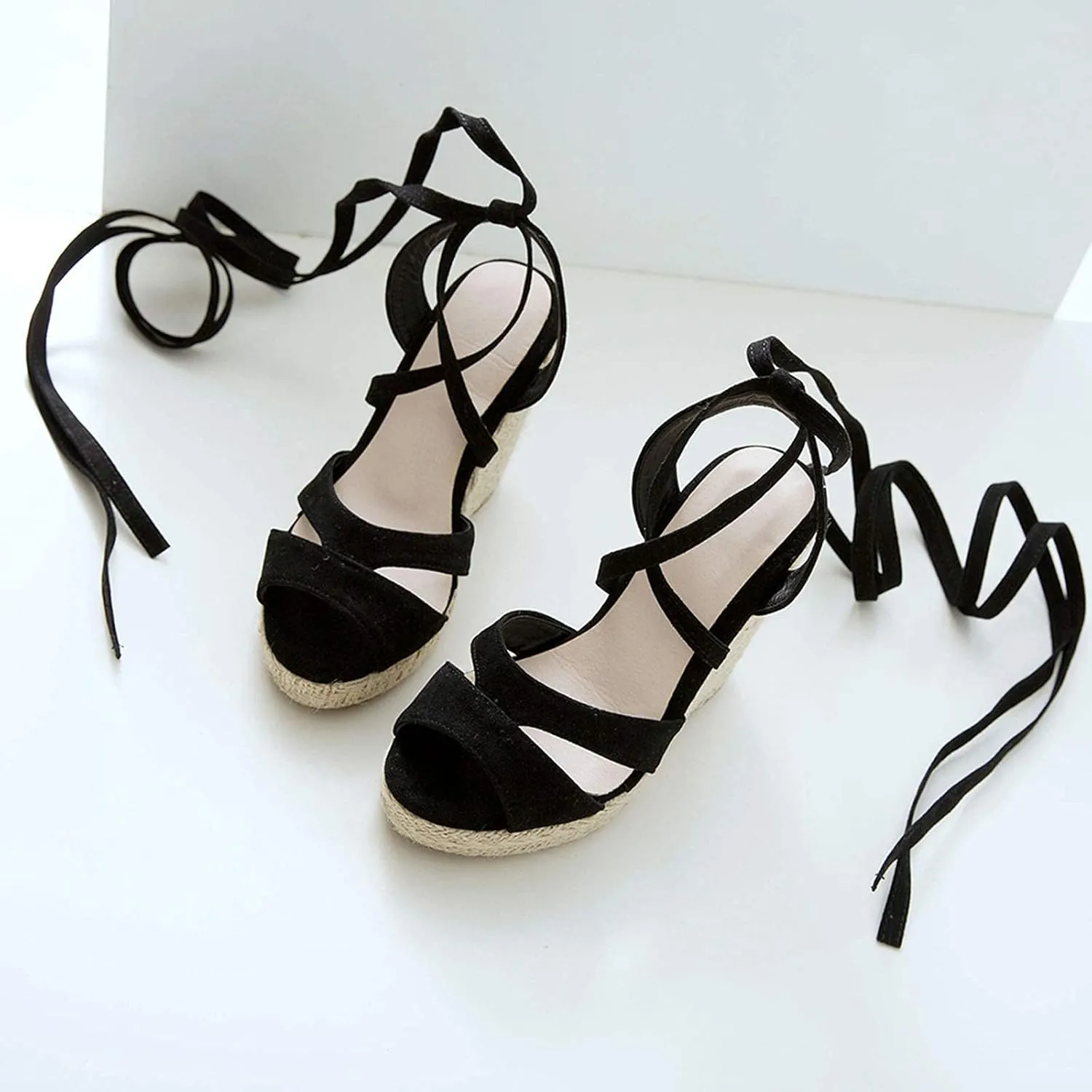 ZBYY Womens Lace Up Espadrille Platform Wedge Sandals Ankle Strap Mid Heel Slingback Summer Wedding Party Dress Shoes